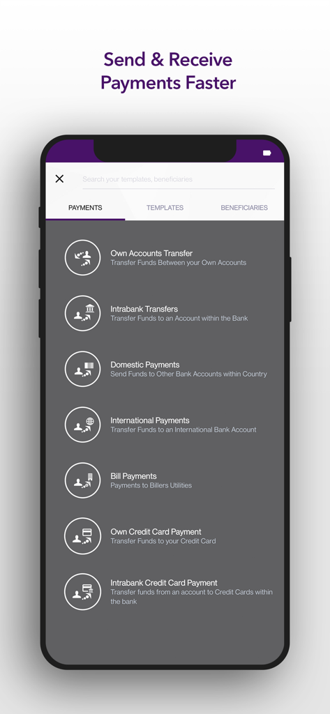 CBM DIGITAL mobile app screen showing various payment and transfer options including international and domestic payments.