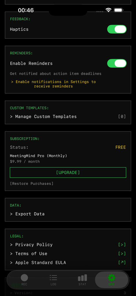 Meeting Mind: AI Voice Notes - Settings interface of Meeting Mind AI Voice Notes app featuring subscription options and notification toggles in a dark green terminal style
