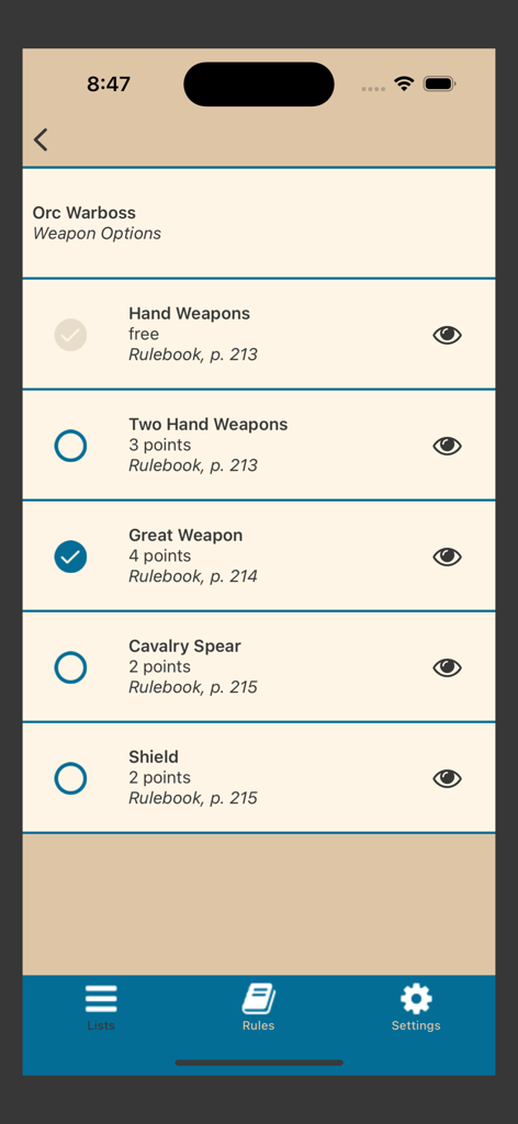Orc Warboss weapon options list with point costs and rule references