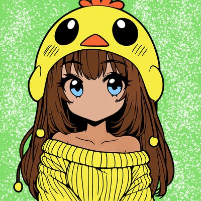 anime girl with chick shaped hat with sweater with bare shoulders with bangs covering them one eye with low tail