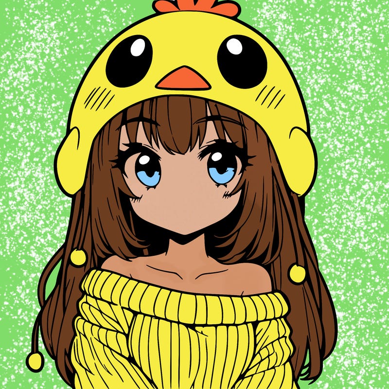 anime girl with chick shaped hat with sweater with bare shoulders with bangs covering them one eye with low tail