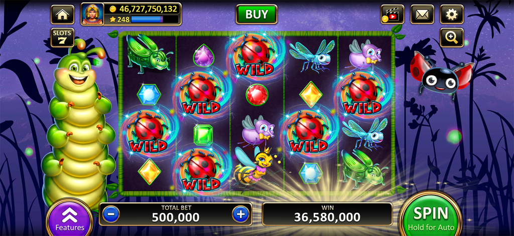 Gameplay screenshot of Vegas Slots Cherry Master featuring a colorful bug themed slot machine with ladybug wild symbols and a large coin win