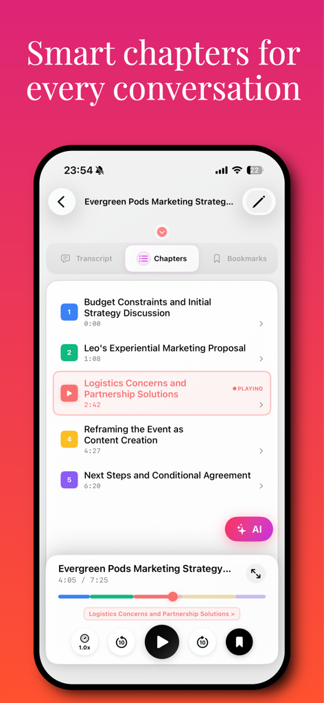 Transcription AI : Voice Notes - Mobile app interface showing AI generated smart chapters for a voice recording
