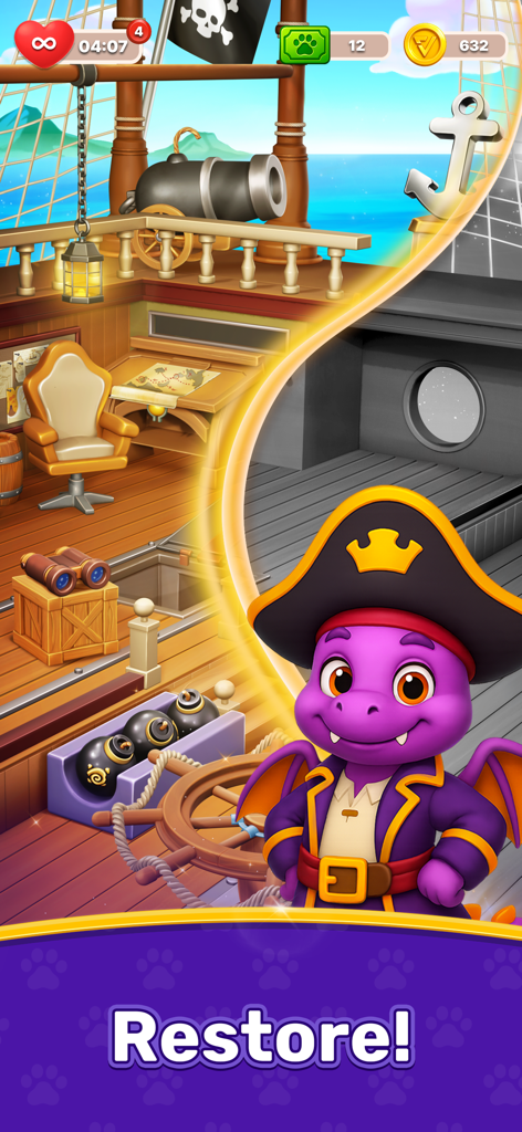 Un dragón morado vestido de pirata en la cubierta de un barco con un botón de restaurar