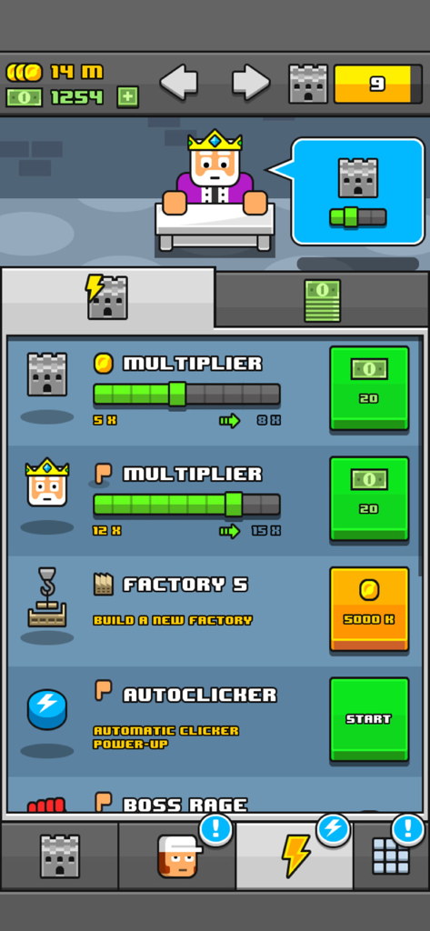 Make More! - Upgrade menu in the Make More idle game featuring a king boss character