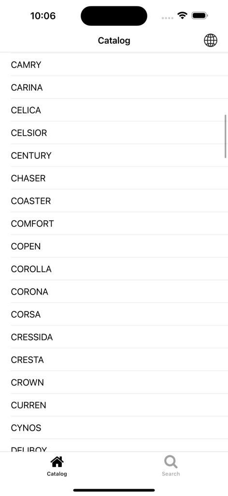Car parts for Toyota - A list of Toyota car models in the catalog including Camry and Corolla