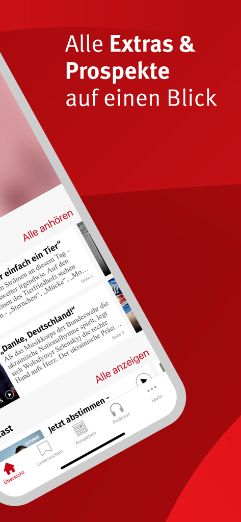 Oberfläche der WR E-Paper App mit einer Liste von Nachrichtenartikeln und Werbeextras