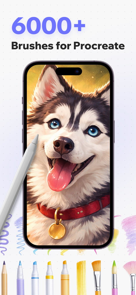 Brushes Lab for Procreate - Procreate用ブラシラボアプリに、ハスキー犬の描画とデジタルブラシが表示されています