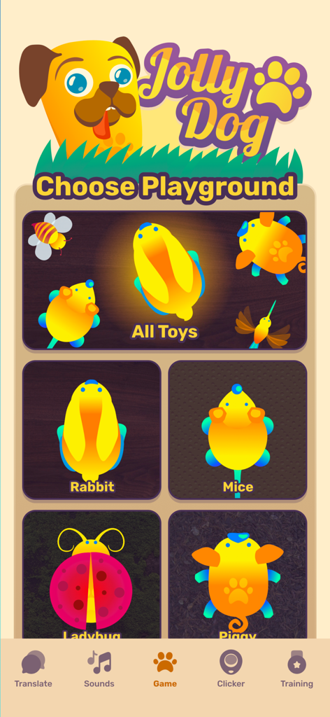 Jolly Dog: Game For Pets - Choose Playground screen in Jolly Dog app with various colorful digital toys for pets
