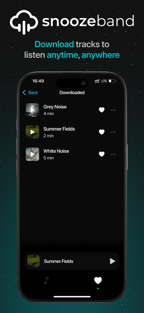 Snoozeband App-Oberfläche, die eine Liste heruntergeladener Schlafgeräusche für die Offline-Wiedergabe anzeigt