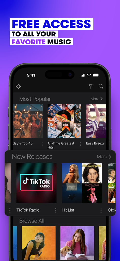 Stingray Music: 100s of DJs - Interface de l'application Stingray Music affichant les playlists populaires et les nouveautés avec un titre sur l'accès gratuit