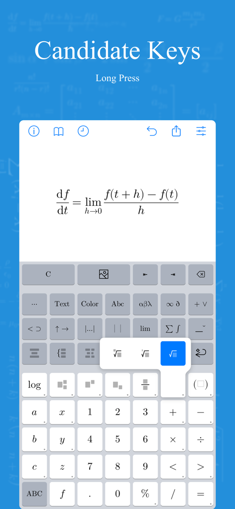 xFormula - Equation Editor - Interface of xFormula app displaying a calculus equation and a specialized math symbol keyboard
