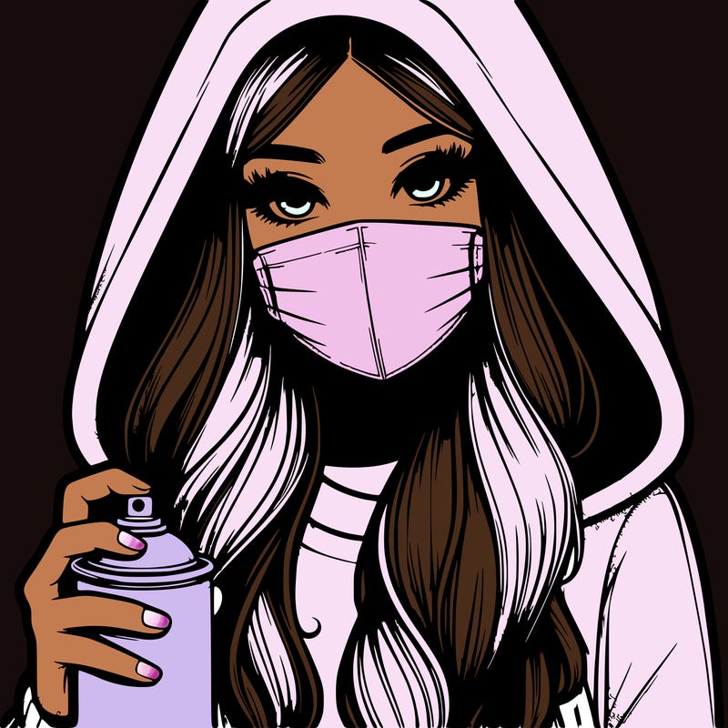 girl wearing a mask with long hair with her hood up spray-painting realistic