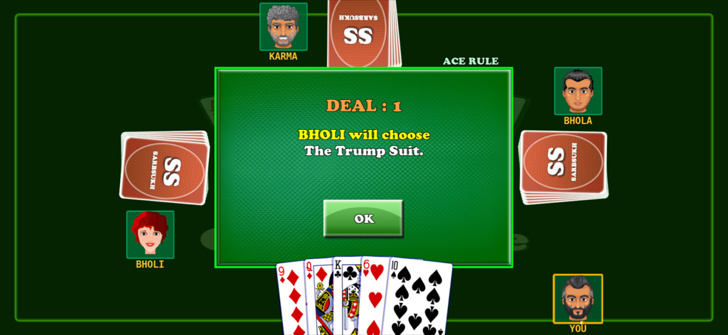 Card Game Coat : Court Piece - Gameplay interface of the Court Piece card game during trump suit selection.