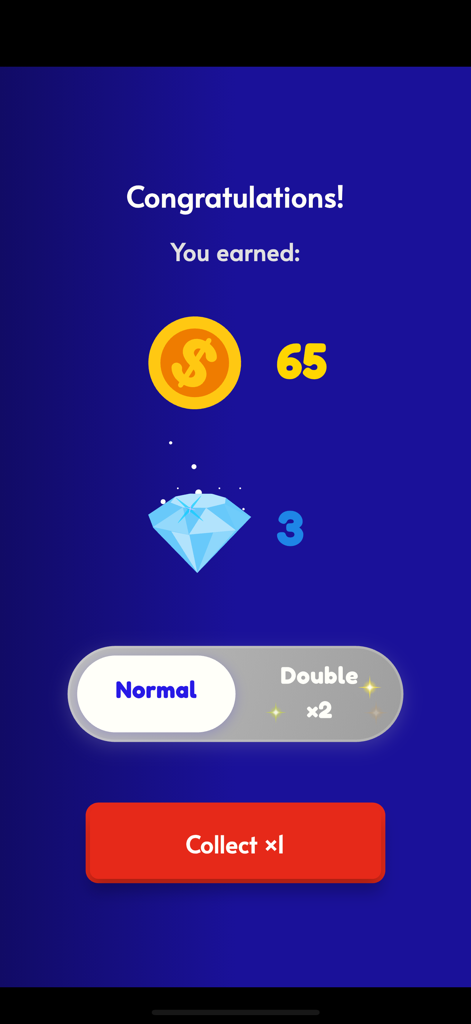 Quizia: General Knowledge Quiz - Una pantalla de recompensa en la aplicación de trivia Quizia mostrando monedas de oro y diamantes azules ganados con opciones para cobrar o duplicar las recompensas.