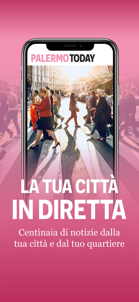 Smartphone screen displaying the PalermoToday app splash page with a city street background and Italian text