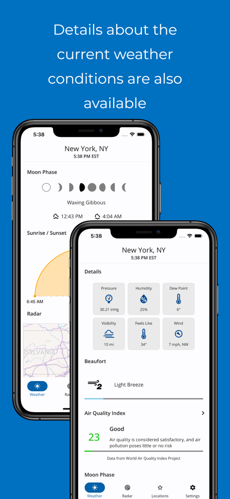 SimpleWeather - A weather app - Screenshot of SimpleWeather app showing detailed weather metrics moon phases and air quality index