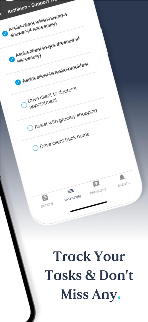 Caregiver task checklist in the ShiftCare app showing completed and upcoming client care duties.