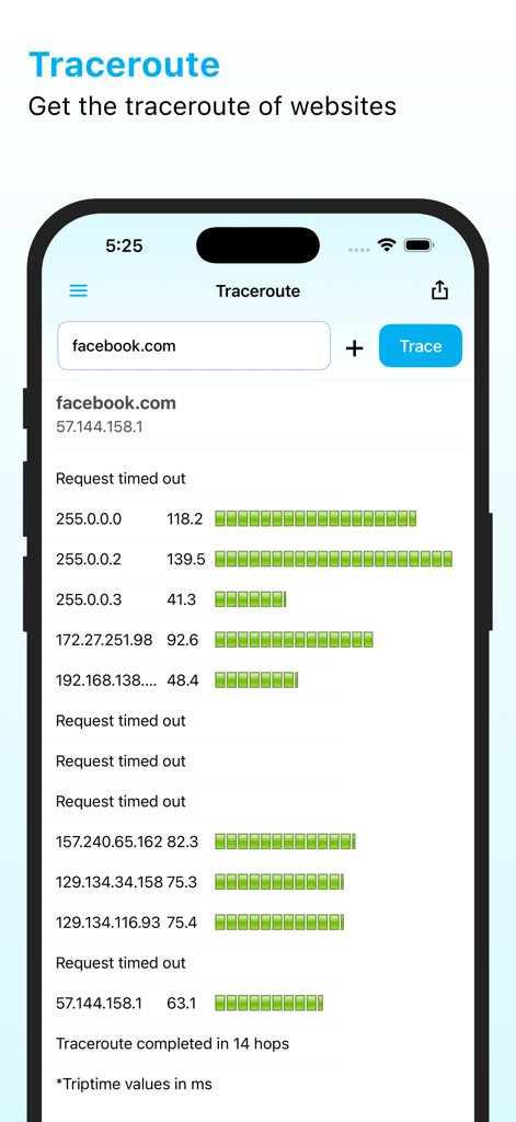 ManageEngine Ping Tool - Interfaz de la aplicación ManageEngine Ping Tool mostrando un traceroute de red para facebook.com con detalles de saltos y gráficos de tiempo de respuesta.