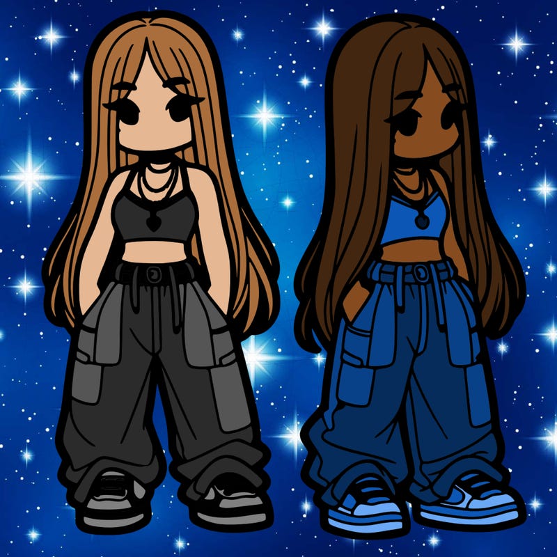 girl in baggy pants crop top and long hair