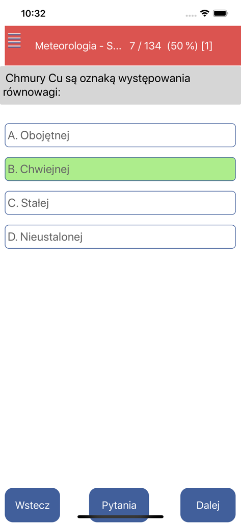 Meteorology question in study mode of the Egzamin ULC SPL app with a correct answer highlighted in green