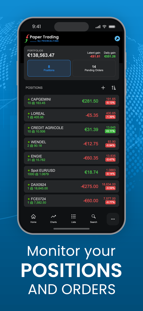 Interfaz de la aplicación móvil ProRealTime para monitorear posiciones y órdenes de trading