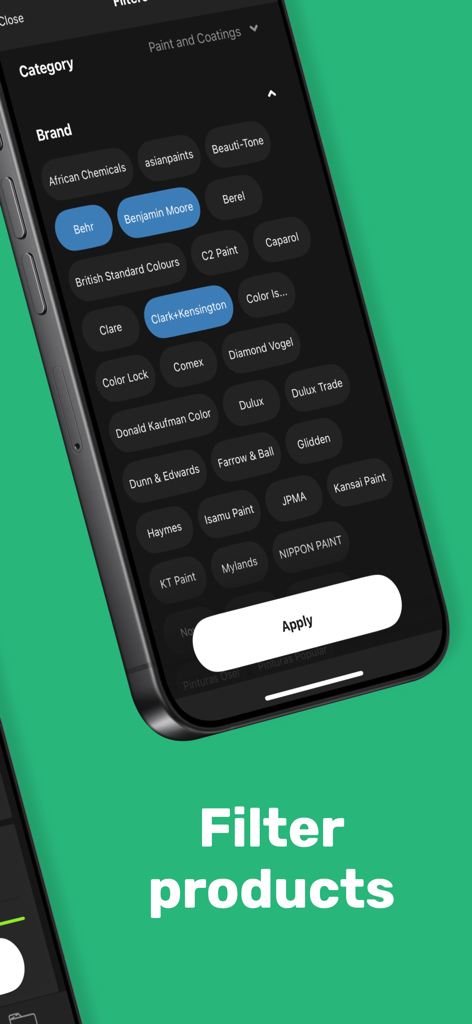 color muse - Interface de l'application Color Muse affichant les filtres de marque pour la peinture et les revêtements, y compris Behr et Benjamin Moore.
