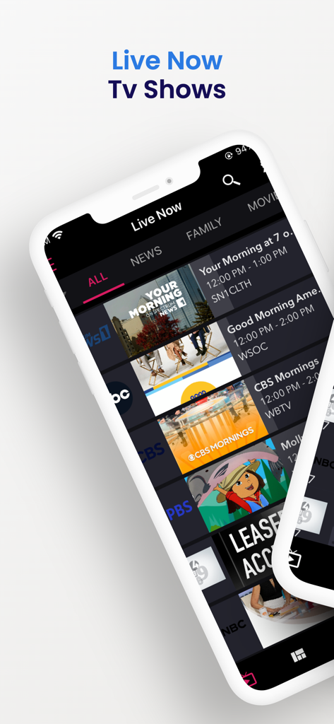 Tela de listagens de TV ao vivo no aplicativo móvel USA TV Guide