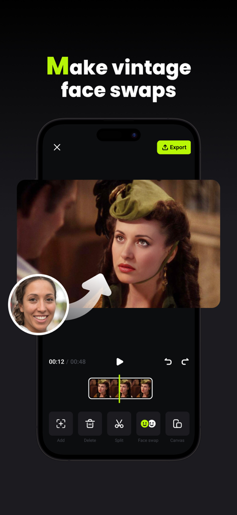 Interface of FaceSwapper app showing a modern face being swapped into a vintage movie clip