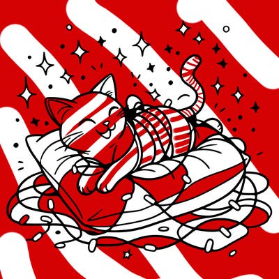 a cat happily tangled in glowing lights, lounging on a big cushion, clean lines, simple design, uncomplicated, tatoo desing