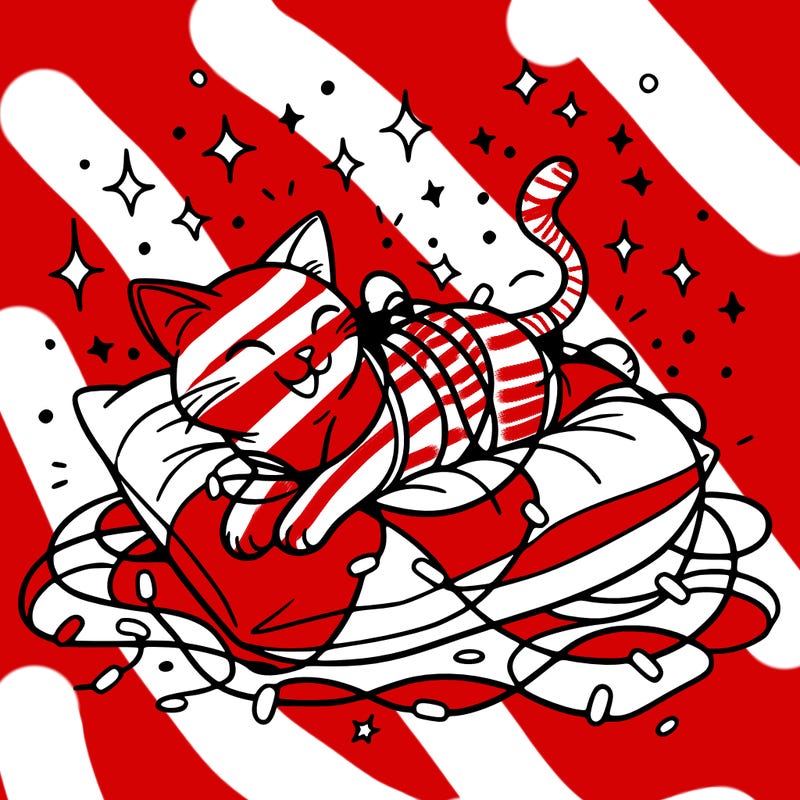 a cat happily tangled in glowing lights, lounging on a big cushion, clean lines, simple design, uncomplicated, tatoo desing