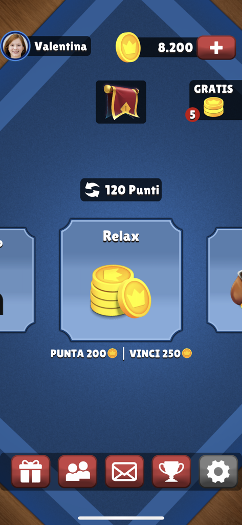 Briscola Classica Online - Briscola Classica Online game menu screen showing the Relax mode and coin betting options