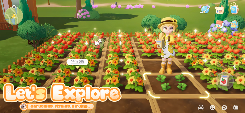 Un personnage avec un chapeau de paille s'occupe d'un jardin potager coloré dans le jeu Heartopia