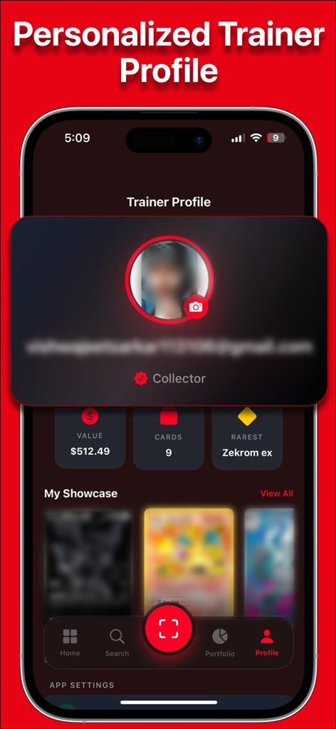Personalized trainer profile in the TCG Card Scanner app showing collection value and card statistics.