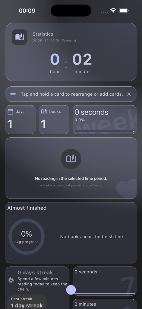 ShuRead - Nas Novel Reader - Panel de estadísticas de lectura de ShuRead mostrando el tiempo dedicado y el progreso del libro