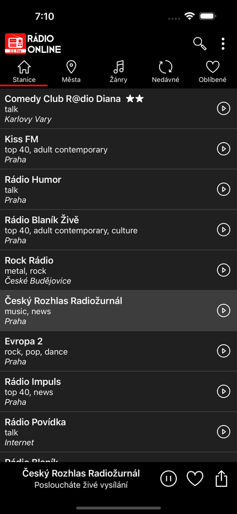 Interface of the Rádio Online Česká app displaying a list of Czech radio stations including Kiss FM and Rock Rádio