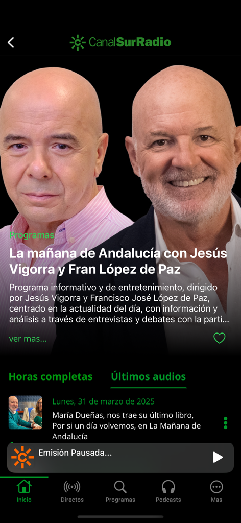 Interface of the Canal Sur Radio mobile app showing the morning program hosted by Jesus Vigorra and Fran Lopez de Paz.
