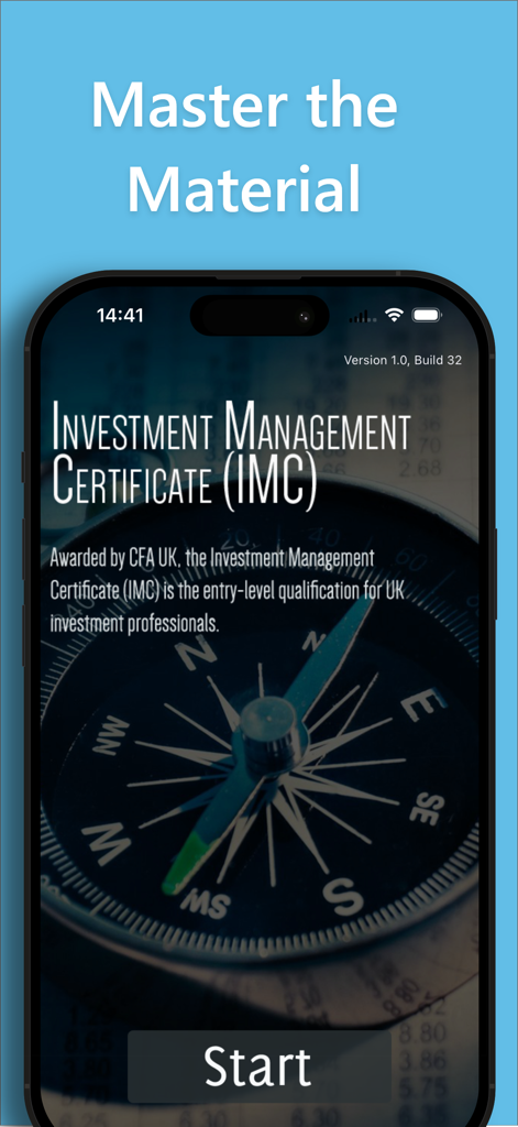 IMC Investment Management Exam - Home screen of the IMC Investment Management Exam app featuring the text Master the Material and a Start button over a compass background