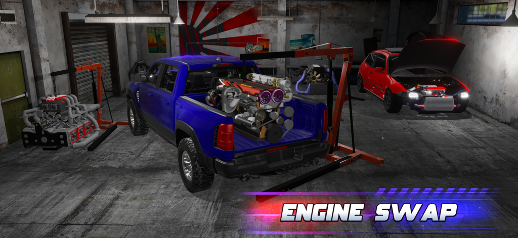Engine swap customization menu in a garage featuring a blue pickup truck and a red car