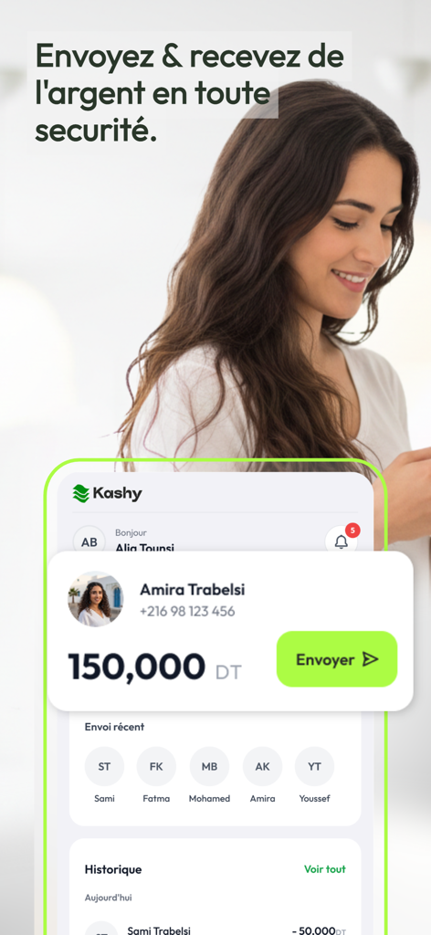 Kashy - Interface do aplicativo de carteira digital Kashy para enviar e receber dinheiro com segurança.