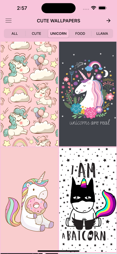 Cute Wallpapers Background - Gallery view of the Cute Wallpapers app featuring various unicorn-themed background designs for phones.