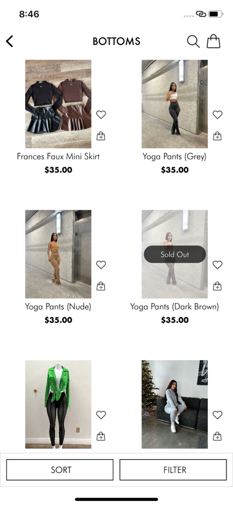 Baddieville - Baddieville app display of women's bottoms including faux leather skirts and yoga pants