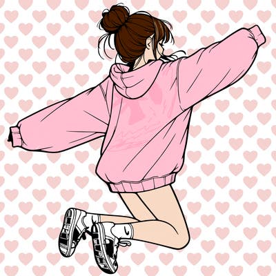 realistic girl jumping with a bun and oversized sweatshirt