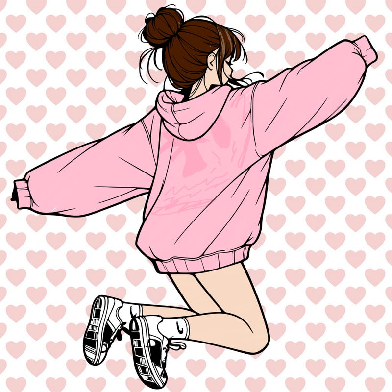 realistic girl jumping with a bun and oversized sweatshirt