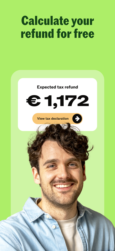 Taxfix: Tax return for Germany - Um jovem sorridente ao lado de uma interface do aplicativo Taxfix mostrando um reembolso de imposto esperado de 1.172 Euros.