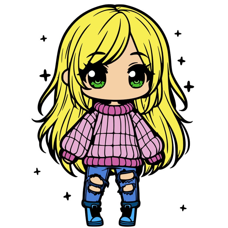 chibi girl with ripped jeans,long hair, and an oversized sweater