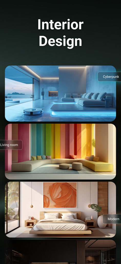 A display of AI-generated interior design styles featuring a cyberpunk living room a colorful striped lounge and a modern bedroom