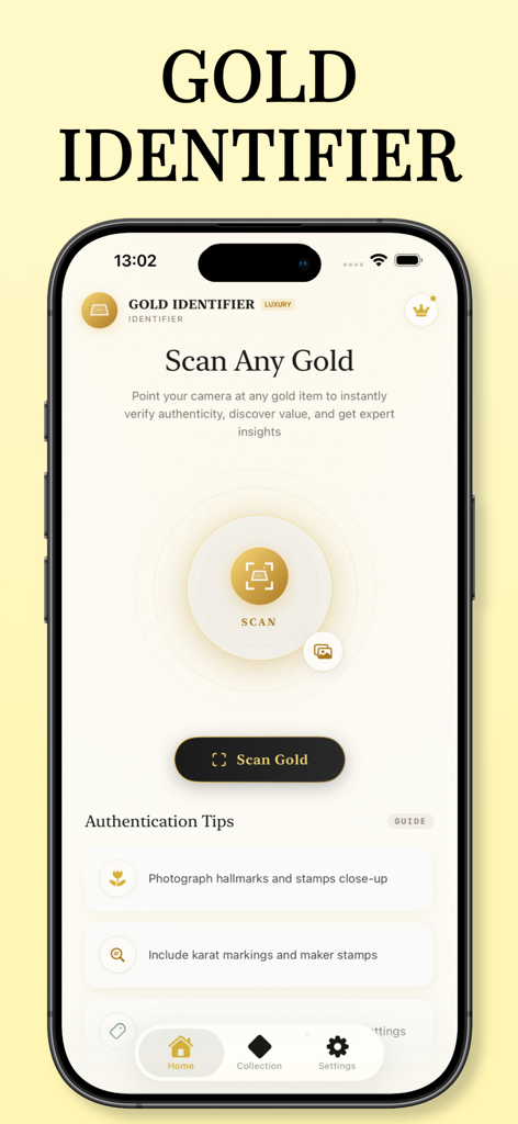 Gold Scanner - Gold Identifier mobile app home screen showing the scan gold feature and authentication tips.