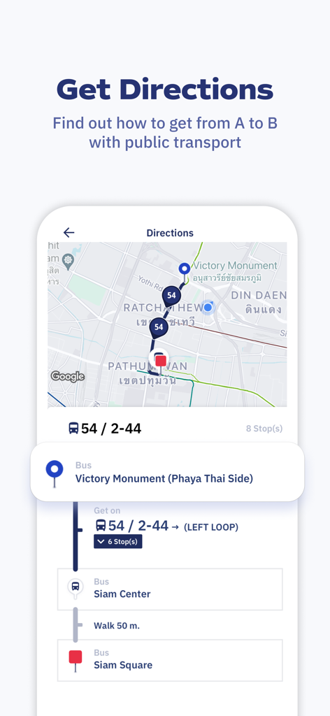 A screenshot of the ViaBus app interface showing public transport directions from Victory Monument to Siam Square on a map.