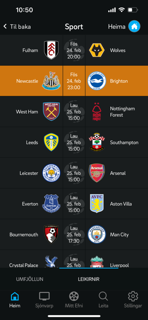 Sección de deportes de la aplicación móvil Sjonvarp Simans mostrando un calendario de partidos de fútbol